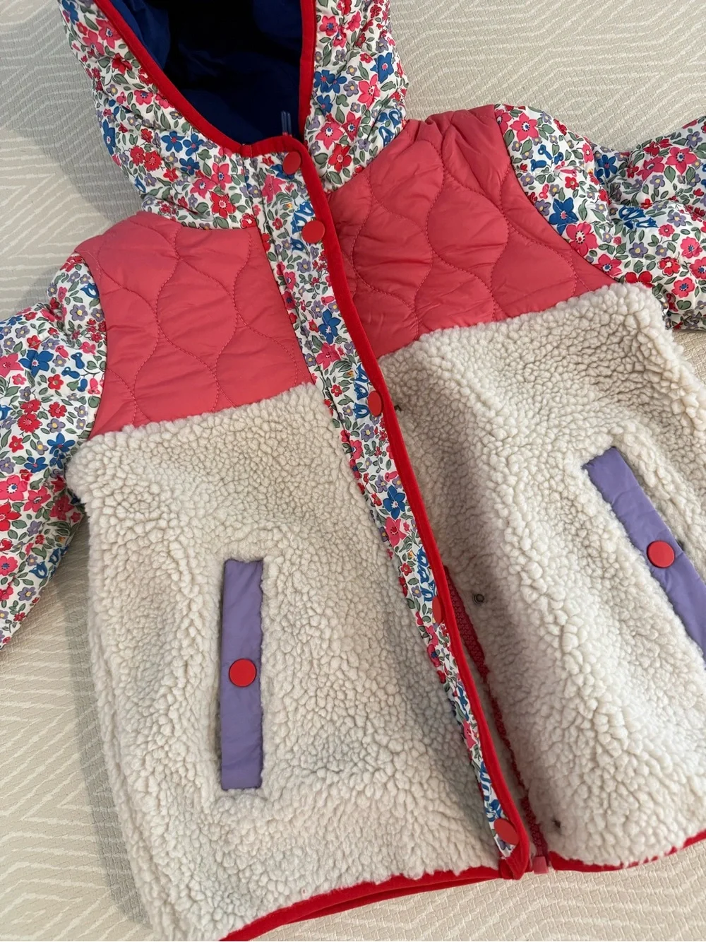 Mini Boden Girls Floral Patchwork Hooded Sherpa Jacket - Pink, Cream, Purple